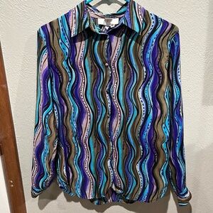 Vibrant Wave Pattern Women's Button Down Shirt 100% Silk Funky Fun EUC Size S
